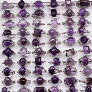 20 pcs Mixed Natural Purple Crystal Stone Rings Women's Jewelry