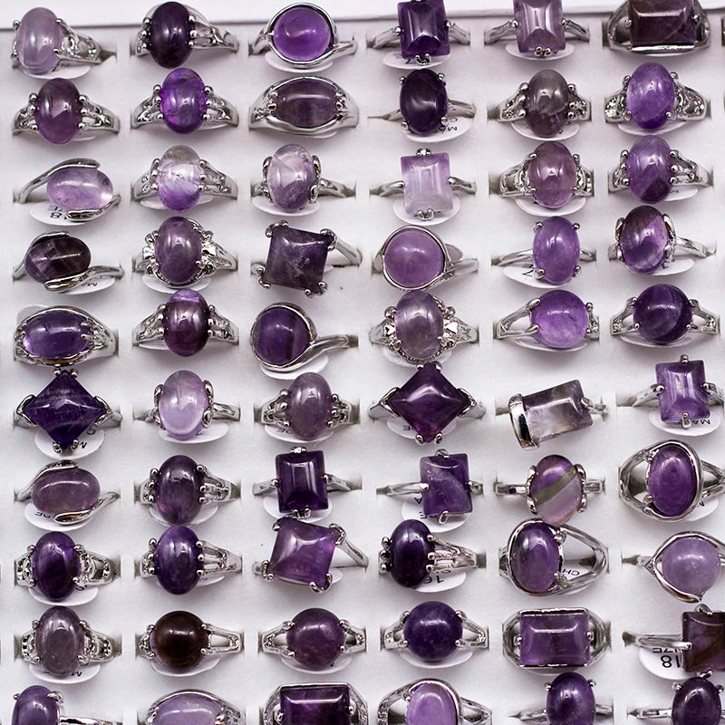 20 pcs Mixed Natural Purple Crystal Stone Rings Women's Jewelry