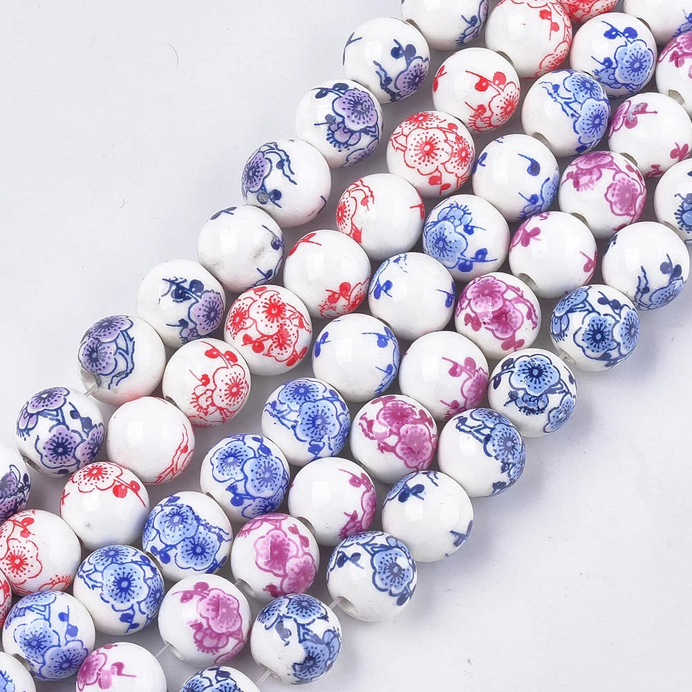 200Pcs 12mm Mixed Colors Flower Patterns Ceramic Beads for DIY Craft Jewelry