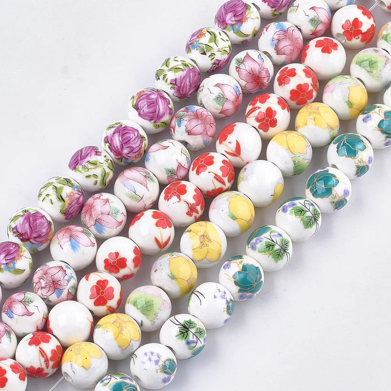 200Pcs 12mm Mixed Colors Flower Patterns Ceramic Beads for DIY Craft Jewelry