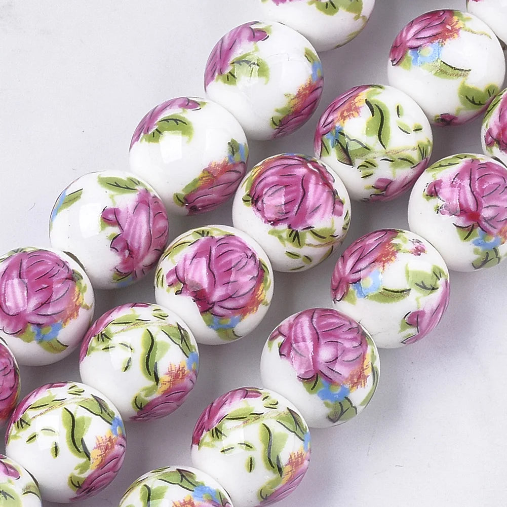 200Pcs 12mm Mixed Colors Flower Patterns Ceramic Beads for DIY Craft Jewelry