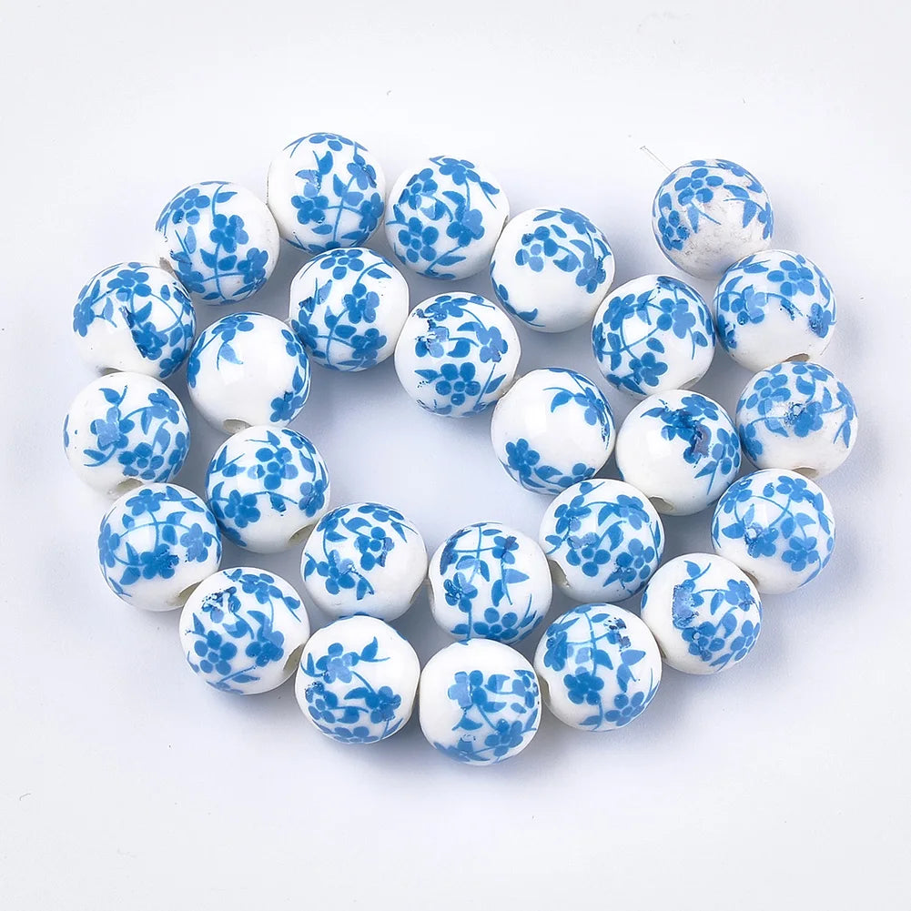200Pcs 12mm Mixed Colors Flower Patterns Ceramic Beads for DIY Craft Jewelry
