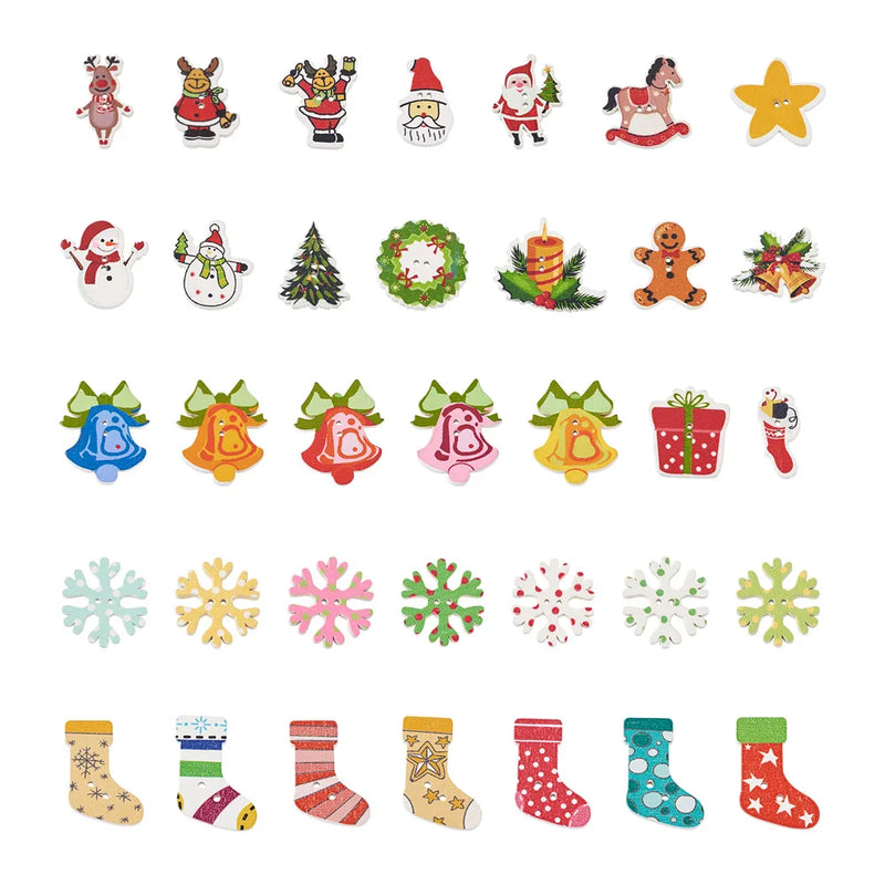 200Pcs Christmas Wood Buttons Santa Tree Bell Socks Beads 2-Hole Flatback DIY