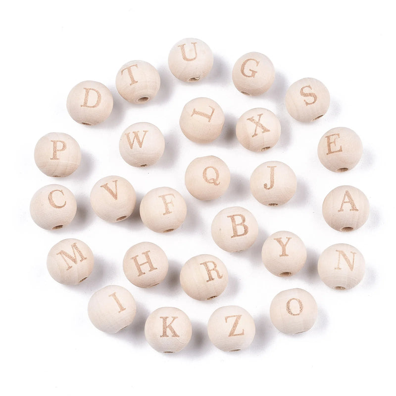 200Pcs Natural Wood Beads Round Alphabet Spacer Large Hole for Jewelry Making