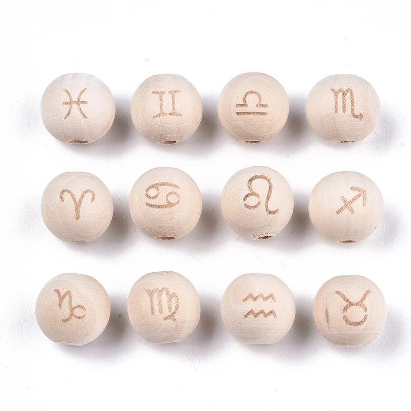 200Pcs Zodiac Sign Wooden Beads Constellations Spacer Beads