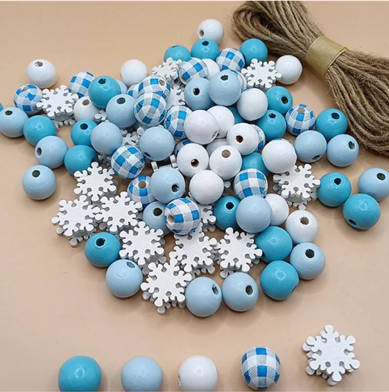 200Pcs Snowflake Round Wood Beads & Stretch Cords Hemp Rope - 10m
