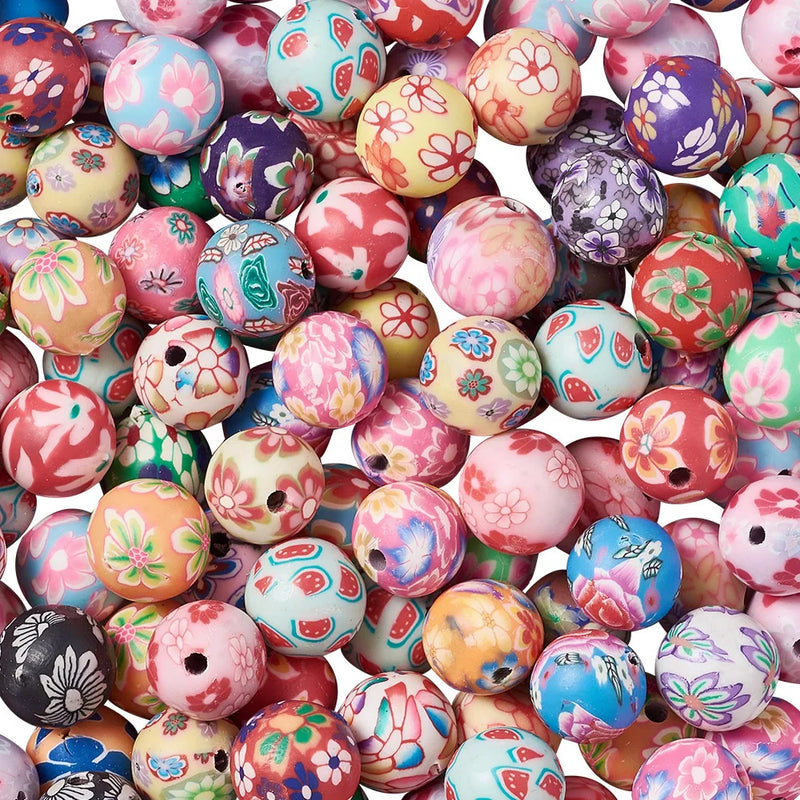 200pcs 10mm Flower Pattern Polymer Clay Beads for Jewelry Making