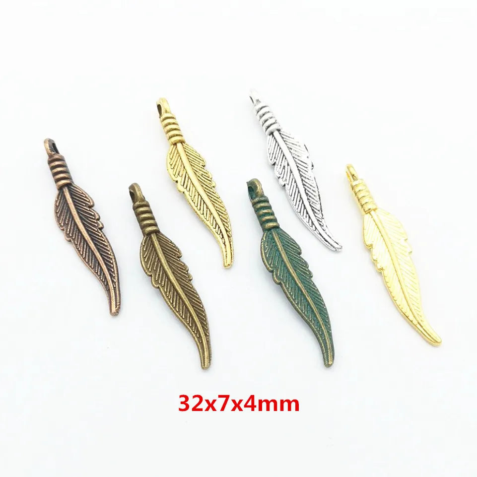 200pcs 32X7MM Antique Feather Charms for Jewelry Making