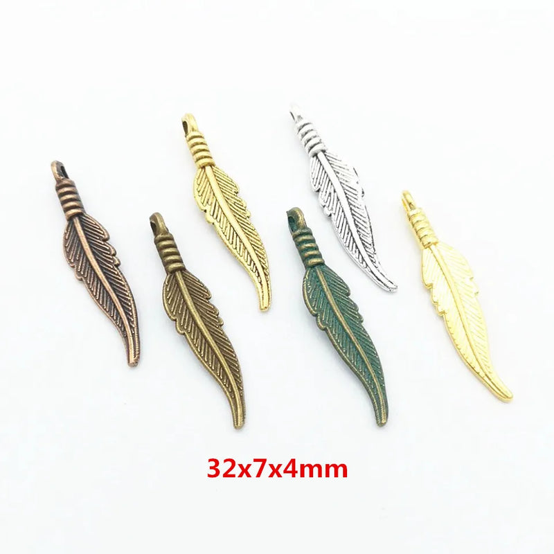 200pcs 32X7MM Antique Feather Charms for Jewelry Making