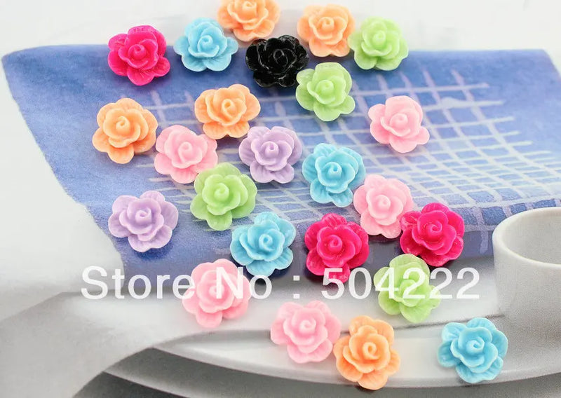 200pcs 3D Colorful Resin Rose Flower Cabochons 14mm DIY Scrapbook Hair Bow