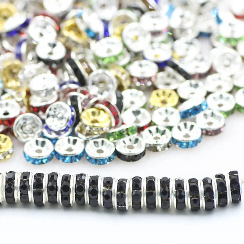 200pcs 8mm Metal Rhinestone Rondelle Crystal Spacer Round Beads