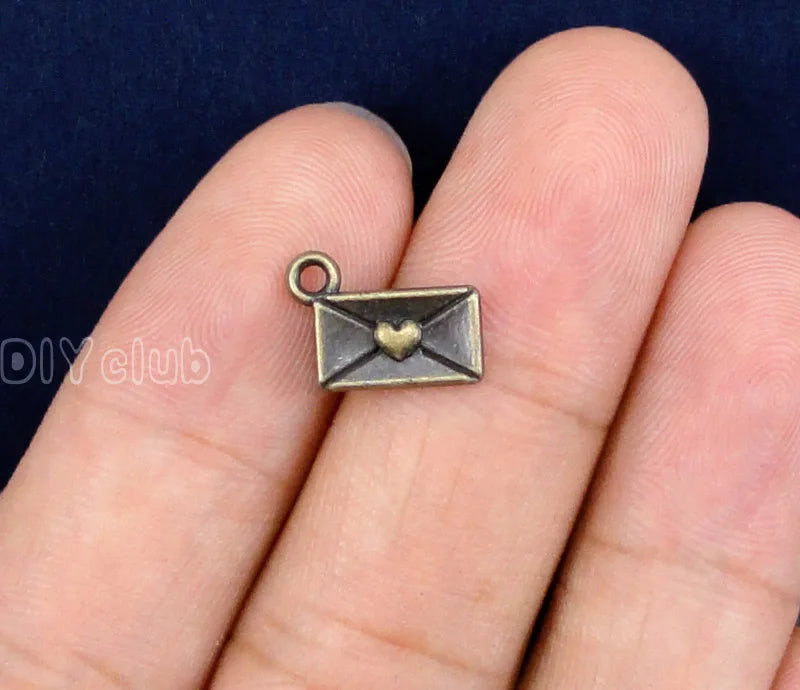 200pcs Envelope Charms, Antique Bronze Tiny Heart Mail Letter Pendant 12x9mm