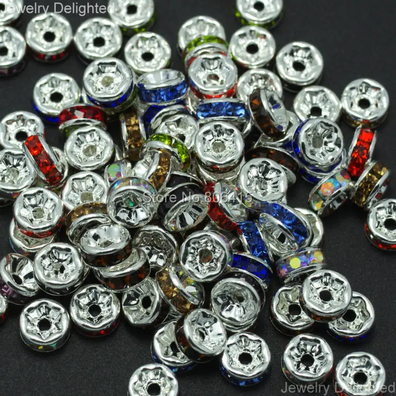 200pcs 10mm Czech Rhinestone Pave Rondelle Silver Spacer Beads