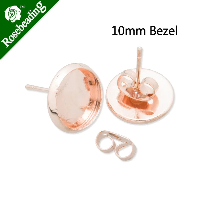 Rose Plated Stud Earring with Bezel, Fits 10mm Glass Cabochon