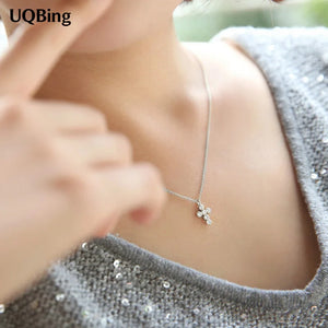 Silver Chain Necklace Rhinestone Cross Pendant Jewelry