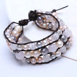 Brown Leather Bracelet with Freshwater Pearl and Rose Crystal Wrap