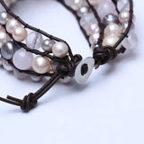 Brown Leather Bracelet with Freshwater Pearl and Rose Crystal Wrap