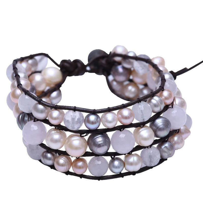 Brown Leather Bracelet with Freshwater Pearl and Rose Crystal Wrap