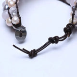 Brown Leather Bracelet with Freshwater Pearl and Rose Crystal Wrap