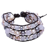 Brown Leather Bracelet with Freshwater Pearl and Rose Crystal Wrap