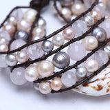 Brown Leather Bracelet with Freshwater Pearl and Rose Crystal Wrap