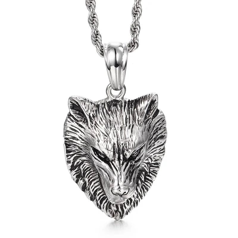 Vintage Gothic Wolf Heads Pendant Necklace with Rope Chain