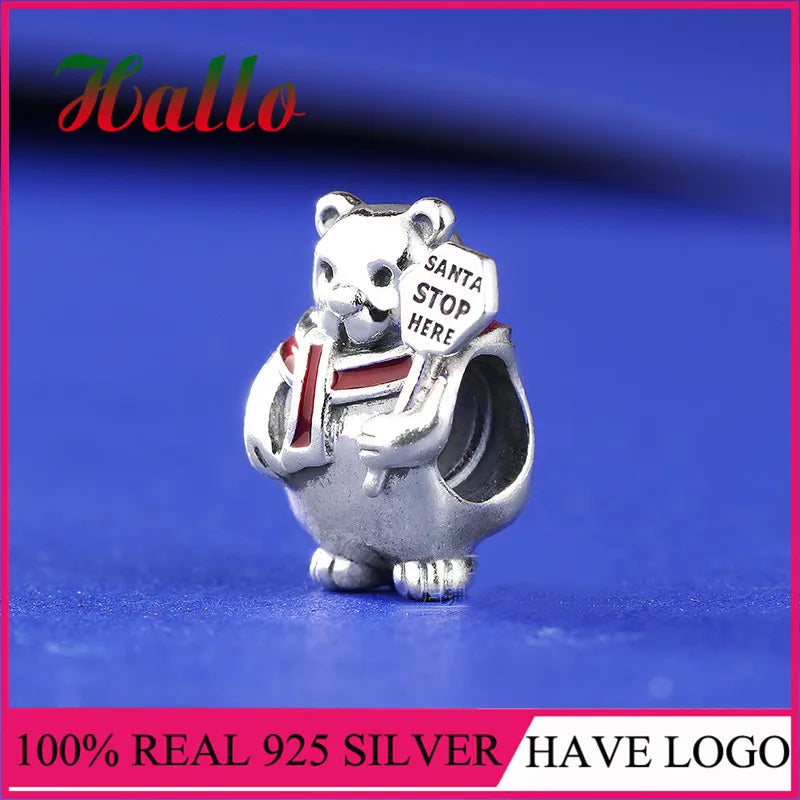 Christmas Polar Bear Charm, Red Enamel Bead for 925 Bracelets