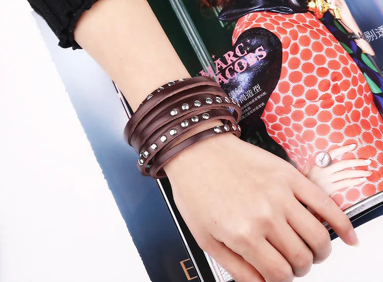 Multilayer Leather Bracelets & Bangles Rivets Clasps Pulseras Jewelry