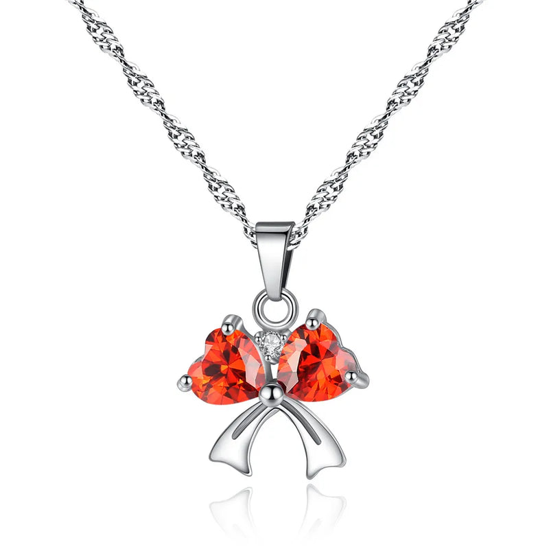 Double Heart Zircon Bow Pendant Necklace for Women