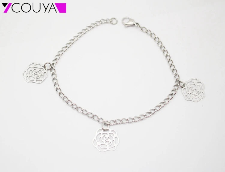 3 Rose Flower Anklets Bracelet Stainless Steel Foot Jewelry for Women