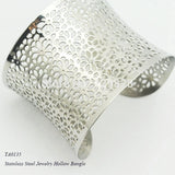 Engraved Flower Wide Cuff Bracelet Stainless Steel Bangle