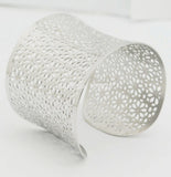 Engraved Flower Wide Cuff Bracelet Stainless Steel Bangle