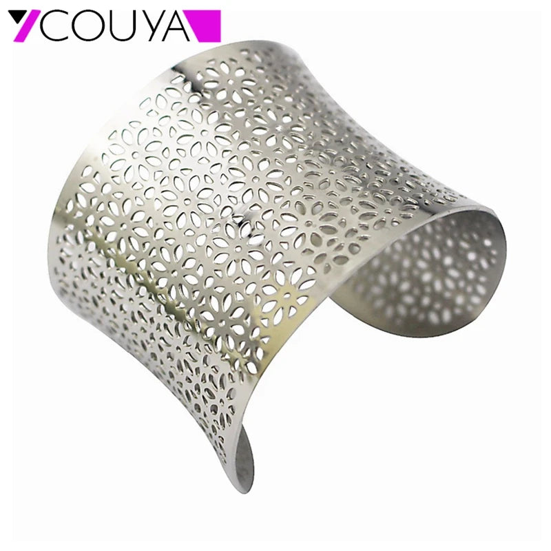 Engraved Flower Wide Cuff Bracelet Stainless Steel Bangle