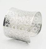 Engraved Flower Wide Cuff Bracelet Stainless Steel Bangle