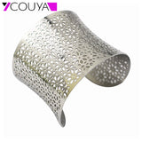 Engraved Flower Wide Cuff Bracelet Stainless Steel Bangle