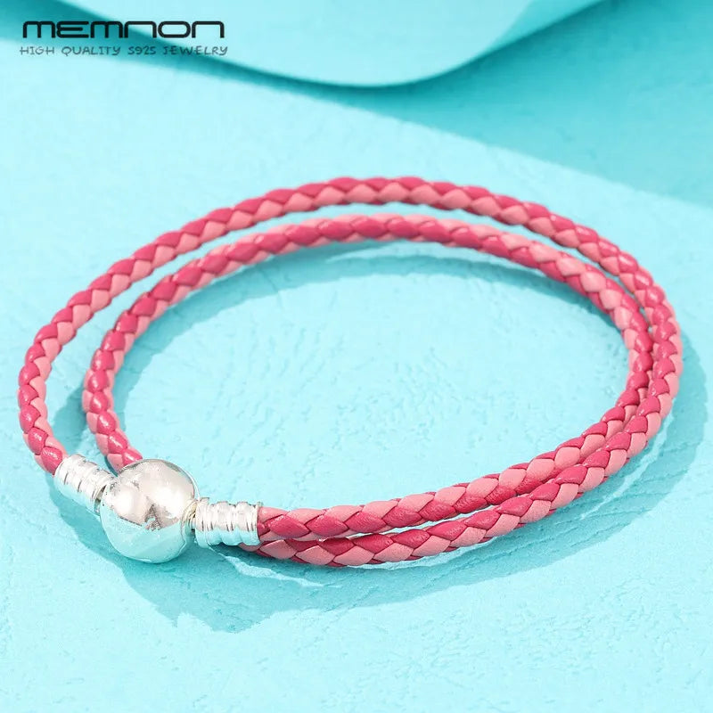Pink Leather Bracelet for Women with 925 Silver Clasp