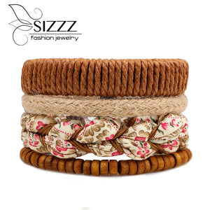 Sizzz Bead Leather Bracelets Ethnic Vintage Jewelry 4 pcs Set