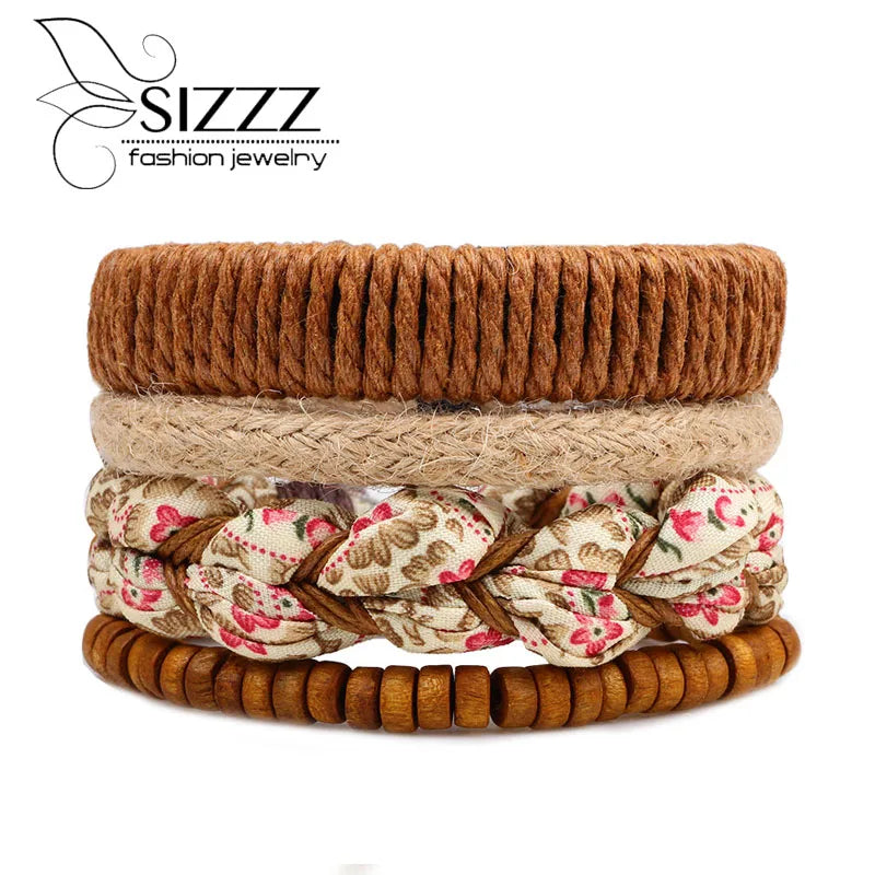 Sizzz Bead Leather Bracelets Ethnic Vintage Jewelry 4 pcs Set