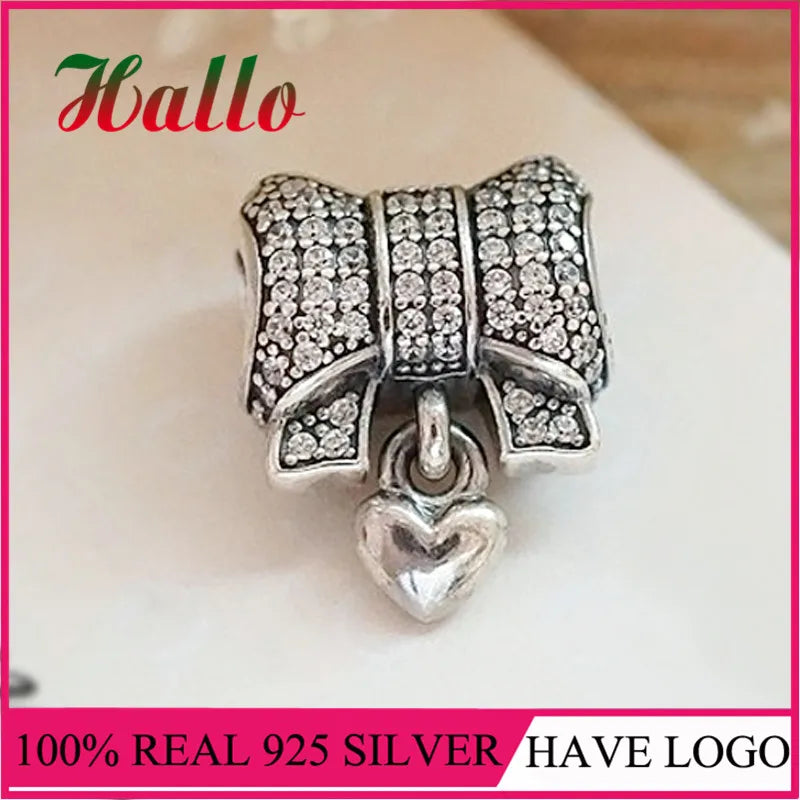 925 Silver Heart & Bow, CZ Charm for Bracelet Bead DIY Berloque