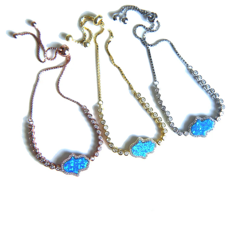 925 Silver Tennis BOX Chain Opal Fatima Hand Charm Bracelet for Women
