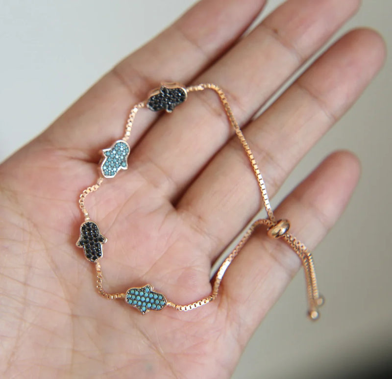 925 Sterling Silver Stone Paved Hamsa Hand Link Box Chain Bracelet