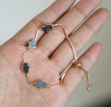 925 Sterling Silver Stone Paved Hamsa Hand Link Box Chain Bracelet