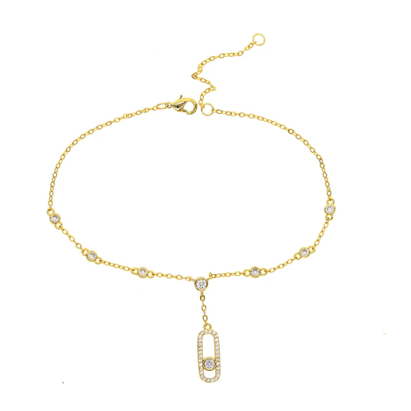 Delicate CZ Charm Anklet 21+5cm Women Dangle Sparkling CZ Link Chain