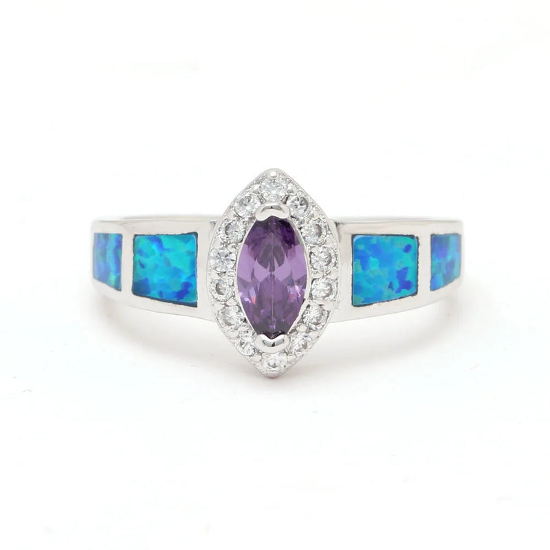 Fire Opal Ring Purple CZ Silver Wedding Jewelry Party Big Zircon Multi-color Rin