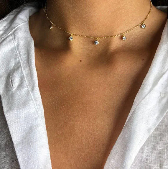 3mm CZ Charm Drop 925 Sterling Silver Choker Necklace
