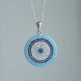 Micro Pave Round Pendant Cubic Zirconia Turquoise 925 Silver Necklace