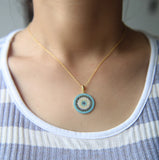 Micro Pave Round Pendant Cubic Zirconia Turquoise 925 Silver Necklace