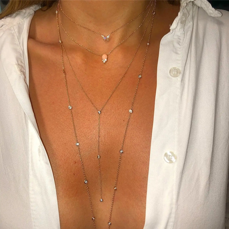 925 Sterling Silver Layer Long Link Chain CZ Necklace