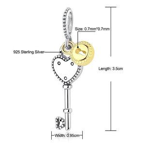 925 Silver Love Key & Locks Charm Pendant for Necklaces Bracelets