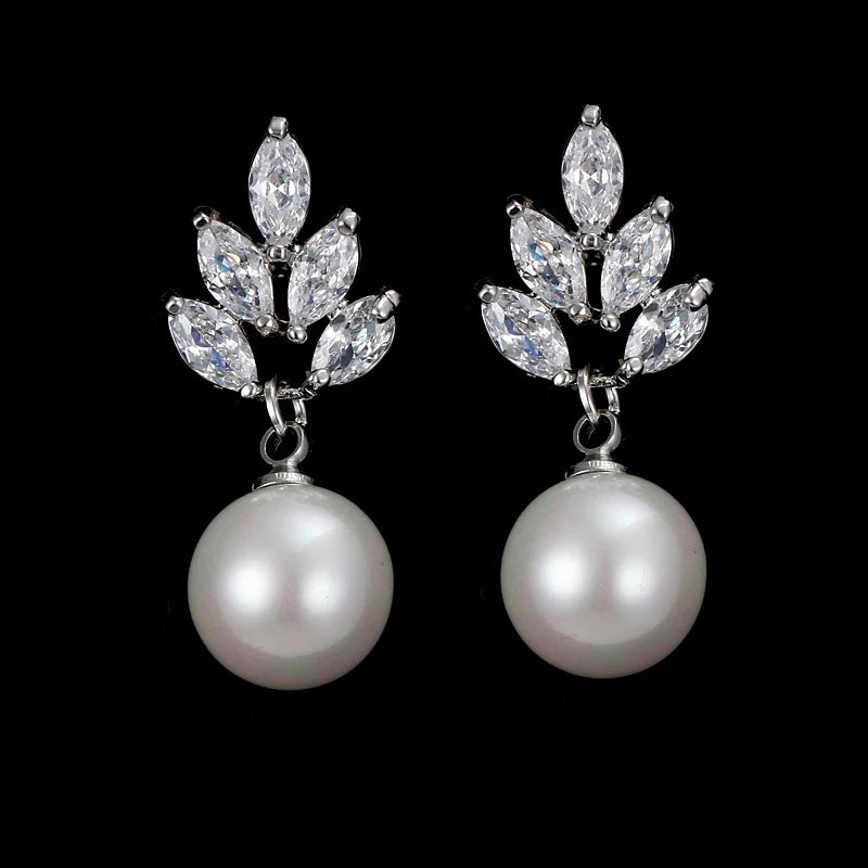 Marquise Zircon Simulated Pearl Drop Earrings Crystal Bride Party Jewelry